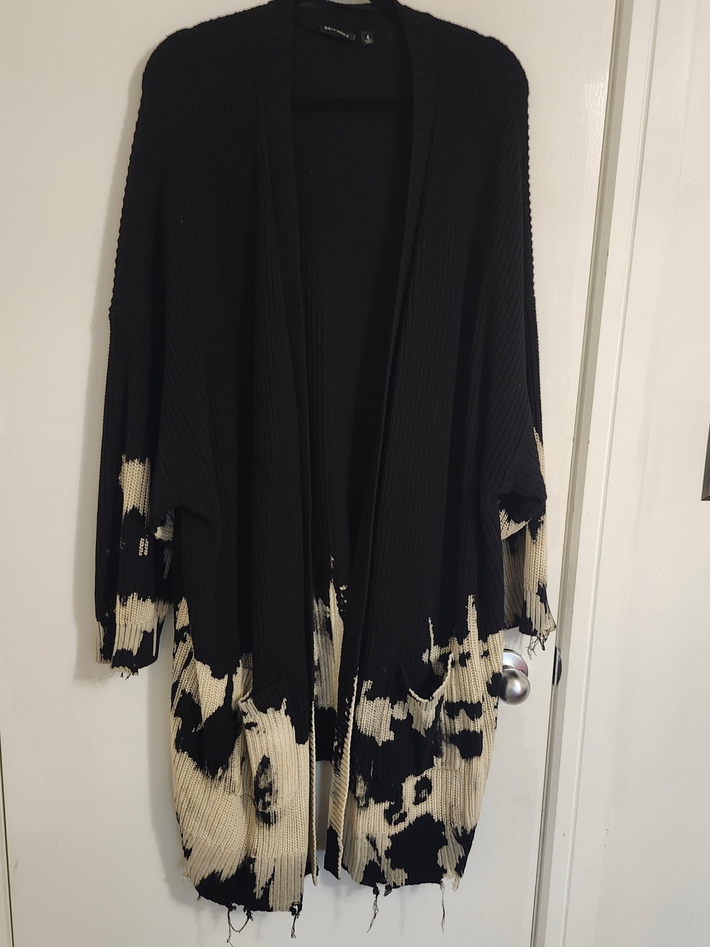 Torrid Black and Cream Cardigan Sweater With Freyed Detail 4x